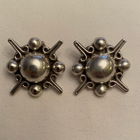 Vintage MEXICO 925 Sterling Silver 1.25" Round Bubble Clip On Earrings 17 Grams - Picture 2 of 7